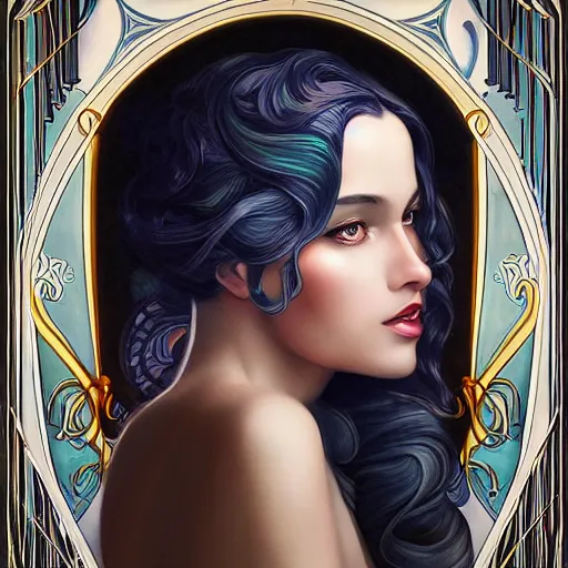 Image similar to an art nouveau, ( art deco ), multi - racial portrait in the style of anna dittmann and charlie bowater and loish. very large, clear, expressive, and intelligent eyes. centered, ultrasharp focus, dramatic lighting, photorealistic digital matte painting, intricate symmetrical ultra detailed background.