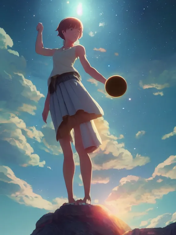 Image similar to one single godly, wise, powerful giant girl wearing a skirt in space holding a model of a Saturn in her left hand. Soft lighting, cosmic skies, stunning, 8K, no planets, octane render. By Makoto Shinkai, Stanley Artgerm Lau, WLOP, Rossdraws, James Jean, Andrei Riabovitchev, Marc Simonetti, krenz cushart, Sakimichan, D&D trending on ArtStation, digital art.