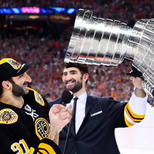 Image similar to Patrice Bergeron holding the Stanley cup