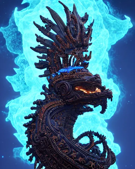 Image similar to 3 d ornate carved dark cosmic king with profile portrait, sigma 5 0 0 mm f / 5. beautiful intricate highly detailed quetzalcoatl skull. bioluminescent, plasma, lava, ice, water, wind, creature, thunderstorm! artwork by tooth wu and wlop and beeple and greg rutkowski, 8 k trending on artstation