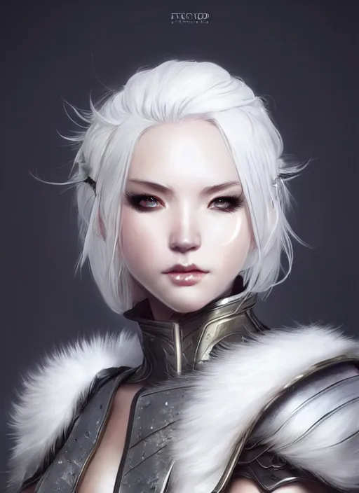 Image similar to fur - lined armor!!! beautiful and elegant white haired female!! gorgeous ayes!! character concept art, sharp focus, octane render! unreal engine 5! highly rendered!! trending on artstation!! detailed linework!! illustration by artgerm, wlop and chie yoshii