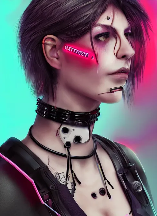 Image similar to detailed realistic female character cyberpunk wearing thick technological collar around neck, realistic, art, beautiful, 4K, collar, choker, collar around neck, punk, artstation, detailed, female, woman, choker, cyberpunk, neon, neon, punk, collar, choker around neck, collar around neck,