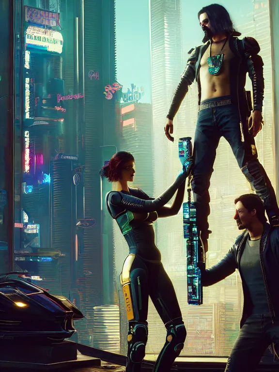 Image similar to a highly detailed photorealistic cyberpunk 2077 couple portrait of Keanu Reeves and female android,lots of electric cable behind,connected to giant computer,couple pose,love,fantasy, intricate, elegant,by Alex Horley and Greg Rutkowski,artstation,deviantart,FAN ART,Unreal Engine,Digital painting,face enhance,8K,golden ratio,cinematic lighting