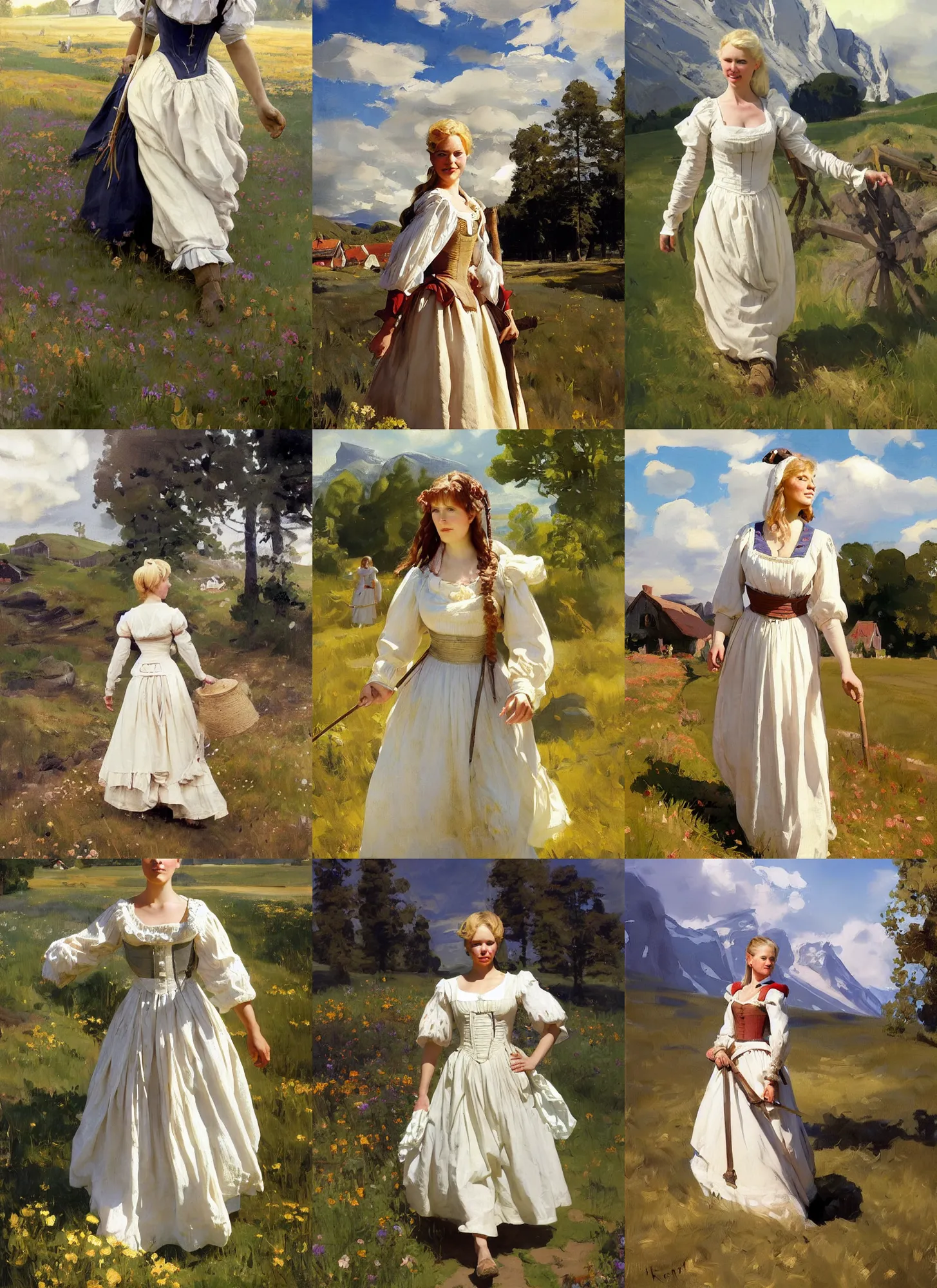 Prompt: finnish norway scandinavian attractive village maiden wearing 1 7 th century bodice walking in the field in a sunny day, jodhpurs greg manchess painting by sargent and leyendecker, studio ghibli, fantasy, medium shot, asymmetrical, intricate, elegant, matte painting, illustration, hearthstone, by peggi kroll roberts, by craig mullins