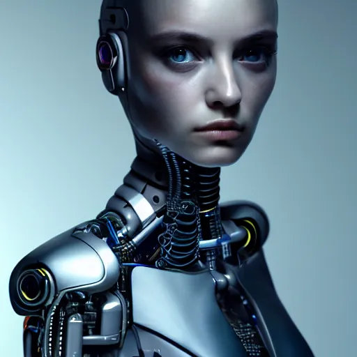 Image similar to Perfectly-Centered Portrait-Photograph of Mechanical Cyberpunk Female Android, upper torso, upper body, intricate, elegant, super highly detailed, professional digital painting, artstation, concept art, smooth, sharp focus, no blur, no dof, extreme illustration, Unreal Engine 5, Photorealism, HD quality, 8k resolution, cinema 4d, 3D, beautiful, cinematic, art by artgerm and greg rutkowski and alphonse mucha and loish and WLOP