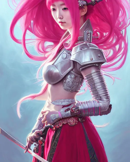 Prompt: Portrait of a japanese girl with pink hair wearing a paladin armor with a red skirt and white top, face, fantasy, intricate, elegant, highly detailed, digital painting, artstation, concept art, smooth, sharp focus, illustration, art by Fernanda Suarez and Artem Demura and alphonse mucha