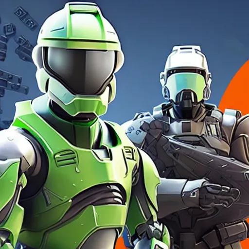 Prompt: Master Chief and Robocop sharing a pizza, a screenshot from Fortnite