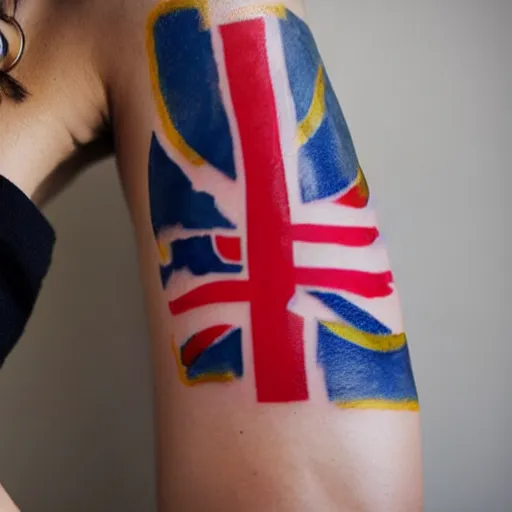 Prompt: a woman with a Swedish flag tattoo on her arm