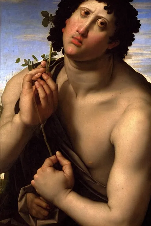 Image similar to renaissance painting of man, short black hair, pleading face, tears dripping from the eyes, emotions closeup, dressed in roman armour, the Eden garden, ultra detailed, art by Guido Reni style, Vincenzo Catena style