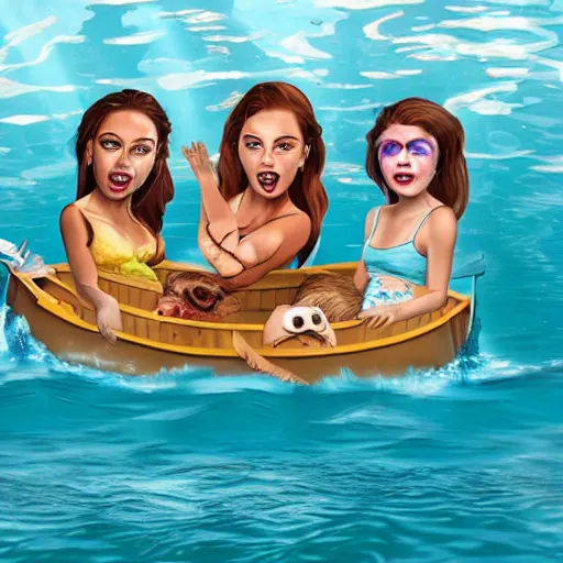 Prompt: three young women having fun on a boat, while a zombie beaver with glowing eyes is swimming beneath them. horror. realistic photo. very detailed.