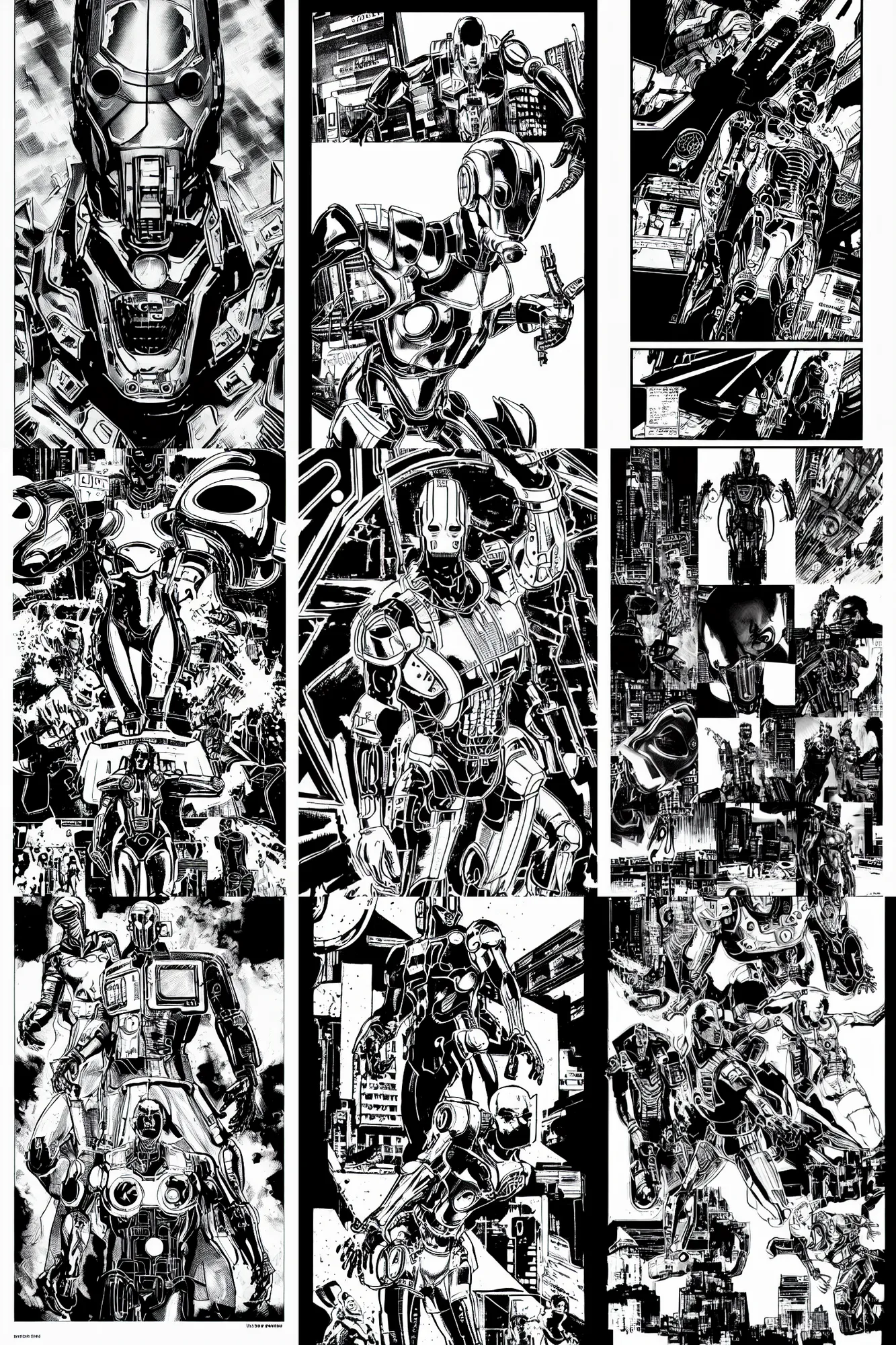 Prompt: ultron, a page from cyberpunk 2 0 2 0, style of paolo parente, style of mike jackson, adam smasher, johnny silverhand, 1 9 9 0 s comic book style, white background, ink drawing, black and white