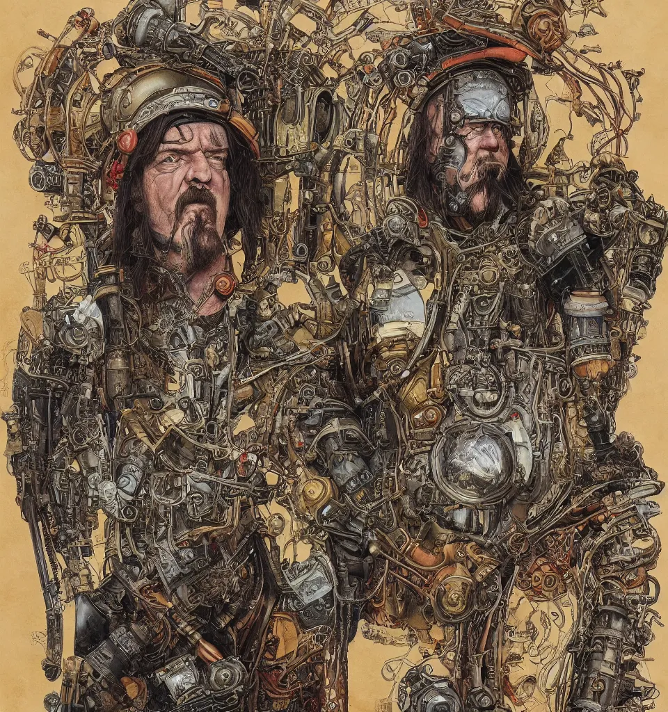 Image similar to A dramatic full-color art nouveau and ironpunk styled bust panorama portrait of lemmy kilmister as an dieselpunk engine tank king of the universe, hyperdetailed mixed media artwork combining the styles of Travis Charest, Michael Kaluta and Bill Sienkiewicz, vast power, perfectly symmetrical facial features, 8k, deeply detailed, cinematic lighting, Takata Yamamoto style, 8k, UHD, HDR