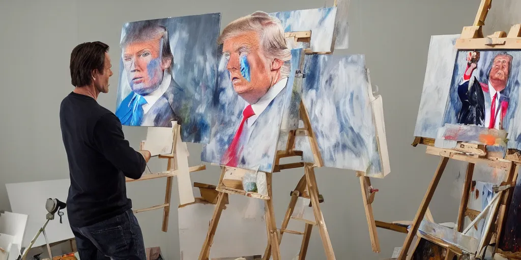 Image similar to actor jim carrey, stands at a his easel, painting donald trump, soft focus, long exposure