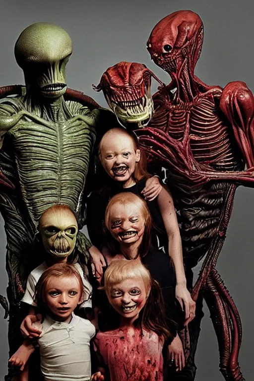 Image similar to alien monster mutant family photo, 1 9 8 0 s, olan mills studio, xenomorph, creepy, scary, nightmare, color, cinematic, oat studio, neill blomkamp, district 9
