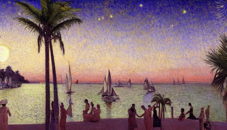 Image similar to a ultradetailed beautiful painting of the night sky of the amazonas palace balustrade designed by jules bastien - lepage, tarsila do amaral, frank weston and gustave baumann, beach, trending on artstation, mediterranean, palm trees, sharp focus, sail boats, soft light, 8 k 4 k