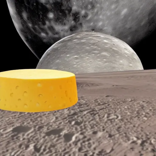 Image similar to a wheel of cheese is cycling fast on a bike on the surface of the moon and drives away from a huge and dangerousmushroom cloud of a nuclear explosion. photorealistic