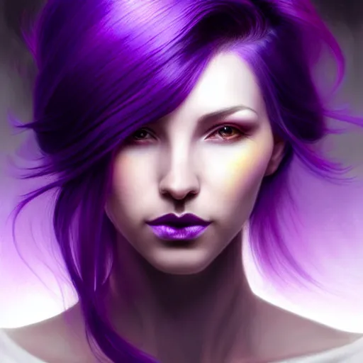 Prompt: Purple hair relistic Portrait of a woman with bright colored flying hair, all shades of purple. Beauty face, Hair coloring, fantasy, intricate, elegant, highly detailed, digital painting, artstation, concept art, smooth, sharp focus, illustration, art by artgerm and greg rutkowski and alphonse mucha