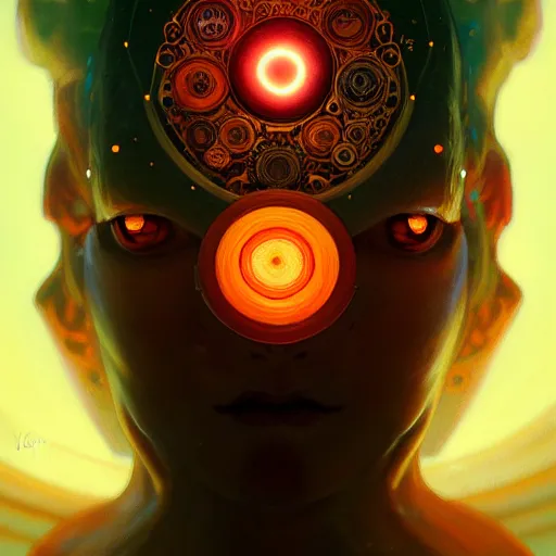 Image similar to Chakra Diagram Face, glowing eyes, cyborg, universe, mushrooms, detailed, intricate, elegant, highly detailed, digital painting, artstation, concept art, smooth, sharp focus, illustration, art by Krenz Cushart and Artem Demura and alphonse mucha