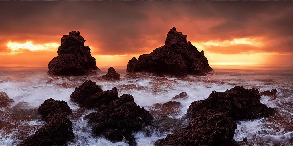 Prompt: beautifully hellish seascape photography by carr clifton, by galen rowell # film kodak ektar 8 k resolution ; night on a fantasy world, concept art by daniel lieske, by dan witz 8 k 3 d 1 6 k,