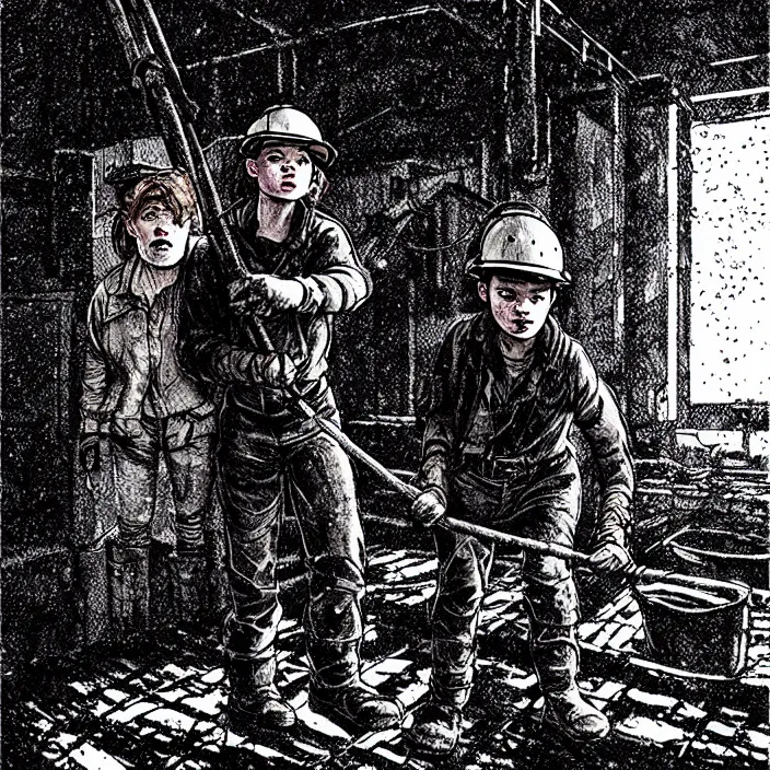 Image similar to sadie sink as a miner pulling a mine cart. in a coal mine. storyboard, scifi cyberpunk. by gabriel hardman, joe alves, chris bonura. cinematic atmosphere, detailed and intricate, perfect anatomy