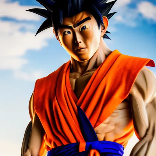 Image similar to photorealistic human goku, goku as an asian man, goku in real life, spiky hair, orange gi, asian human, realistic photography, human goku, photography, cinematic