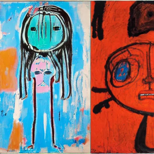Prompt: cute anime girl, by Jean-Michel Basquiat by Jean-Claude Dubuffet, by bosch, by ernst, by beksinski
