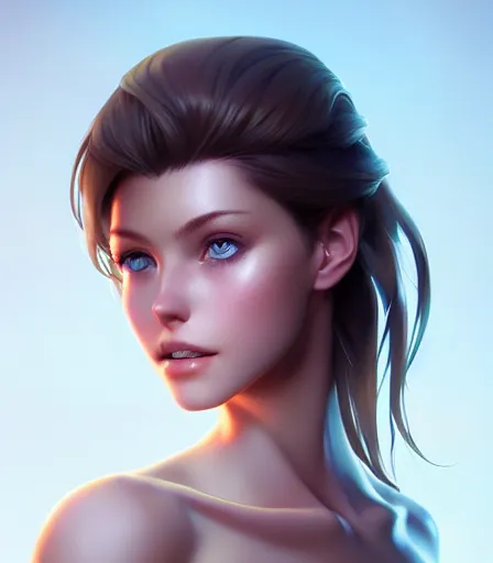 Prompt: beautiful portrait of a gorgeous woman with blue eyes, brown hair and a perfect body, character design by charlie bowater, ross tran, artgerm, and makoto shinkai, detailed, soft lighting, rendered in octane