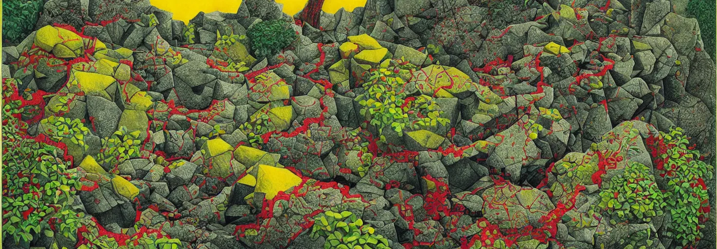 Image similar to a rock garden by m. c. escher, yellow, green, red, snowy, ultra sharp, ultra detailed, cyberpunk, happy, uplifting, colorized by salvador dali