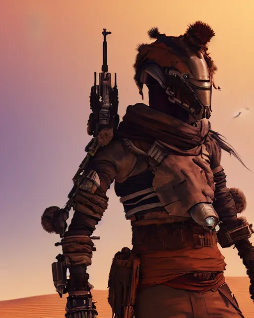 Image similar to render of a futuristic male desert nomad, post apocalyptic, in the style of Star Wars, in the style of Horizon Zero Dawn, part by Tsutomu Nihei, part by Emil Melmoth, part by Craig Mullins, part by Yoji Shinkawa, dof, golden hour, 8k