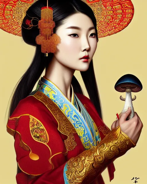 Prompt: pretty chinese model with hallucination mushroom, machine face, upper body, decorated with chinese opera motifs, asian, traditional chinese art, intricate, elegant, highly detailed, digital painting, artstation, concept art, smooth, sharp focus, illustration, art by artgerm and greg rutkowski and alphonse mucha, 8 k