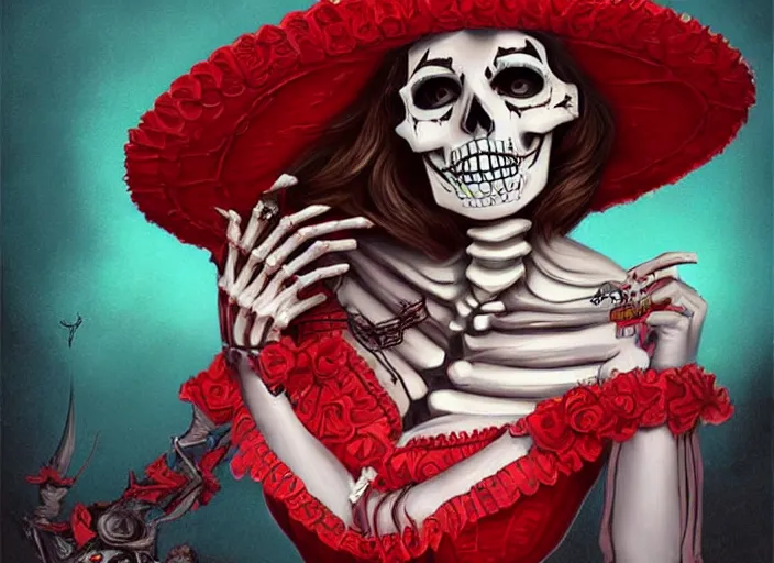 Image similar to cute & beautiful smiling mexican undead skeleton girl wearing a sombrero and a wide red dress, digital art, fantasy, painting, pin up, highly detailed, art by artgerm