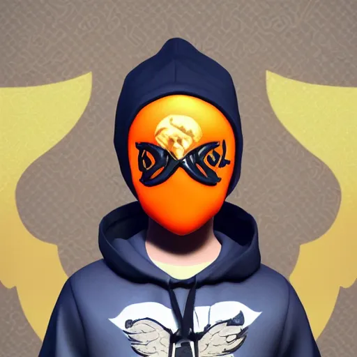 Image similar to baby Angel, baby cherub,wearing angel, face covered, Gucci, x logo, halo, ski mask, balaclava, face covered, wearing angel halo covered face, orange hoodie, hip hop, multiple golden necklaces, Nike, fantasy art apex fortnite Video game icon, 2d game art gta5 cover , official fanart behance hd artstation by Jesper Ejsing, by RHADS, Makoto Shinkai and Lois van baarle, ilya kuvshinov, rossdraws