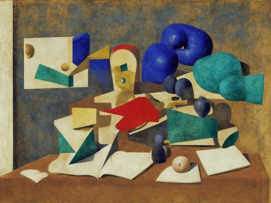 Image similar to still life with book and hans arp sculpture. lapis lazuli, malachite, turqouise, gold. painting by piero della francesca, balthus, agnes pelton