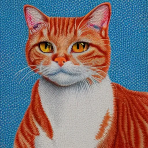 Image similar to a red tabby cat looking sly, pointillist style