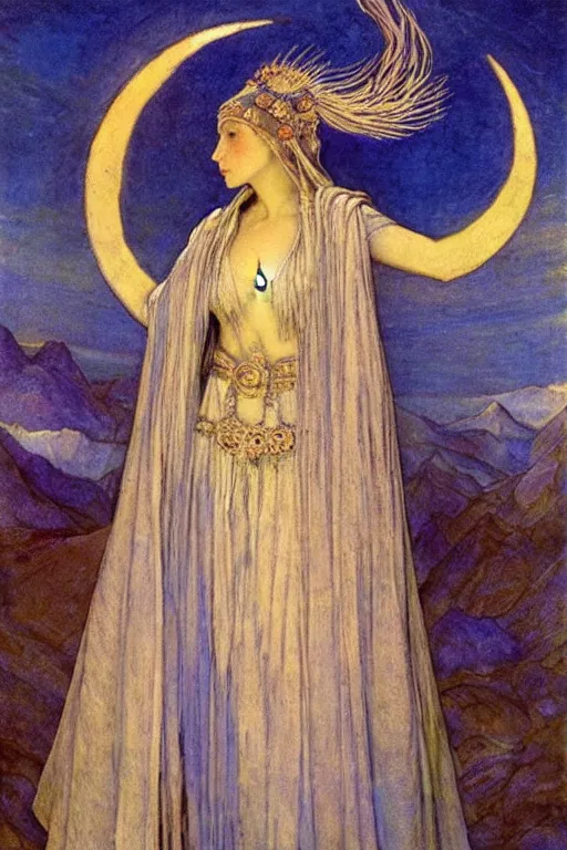 Prompt: goddess of the moonlit mountains with her regalia, by Annie Swynnerton and Nicholas Roerich and jean delville, dramatic cinematic lighting , ornate headdress , flowing robes, lost civilizations, extremely detailed