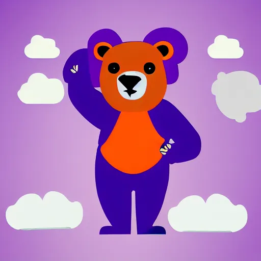 Image similar to cartoon animated bear wearing clothes being launched out of a futuristic machine into a purple and orange cloud land