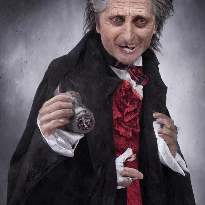 Prompt: professional photographic portrait of michael douglas as dracula gothic england, fine art piece, incredible detail, vray rendering, high octane,