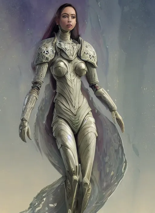 Image similar to a professional painting of a beautiful young female alien, clothed in ethereal armor, olive skin, long dark hair, beautiful bone structure, symmetrical facial features, intricate, elegant, digital painting, concept art, smooth, sharp focus, illustration, from Valerian and the City of a Thousand Planets, by Ruan Jia and Mandy Jurgens and Artgerm and William-Adolphe Bouguerea