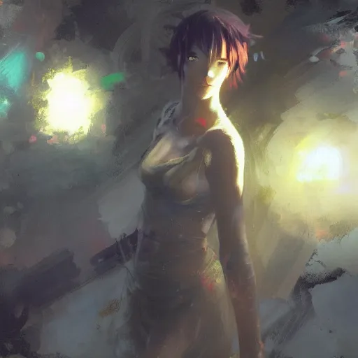 Image similar to craig mullins painting of an anime woman, direct flash photography at night