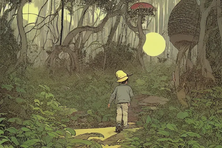 Image similar to down view of a young boy with a hat on a large open path entering a vast fantasy forest with a distant clearing, giant mushrooms, exotic vegetation, large rocks with thick moss, huge wooden bridge, large white paradise birds and fireflies flying around, very graphic illustration by moebius and victo ngai, color comics style, dynamic lighting, morning