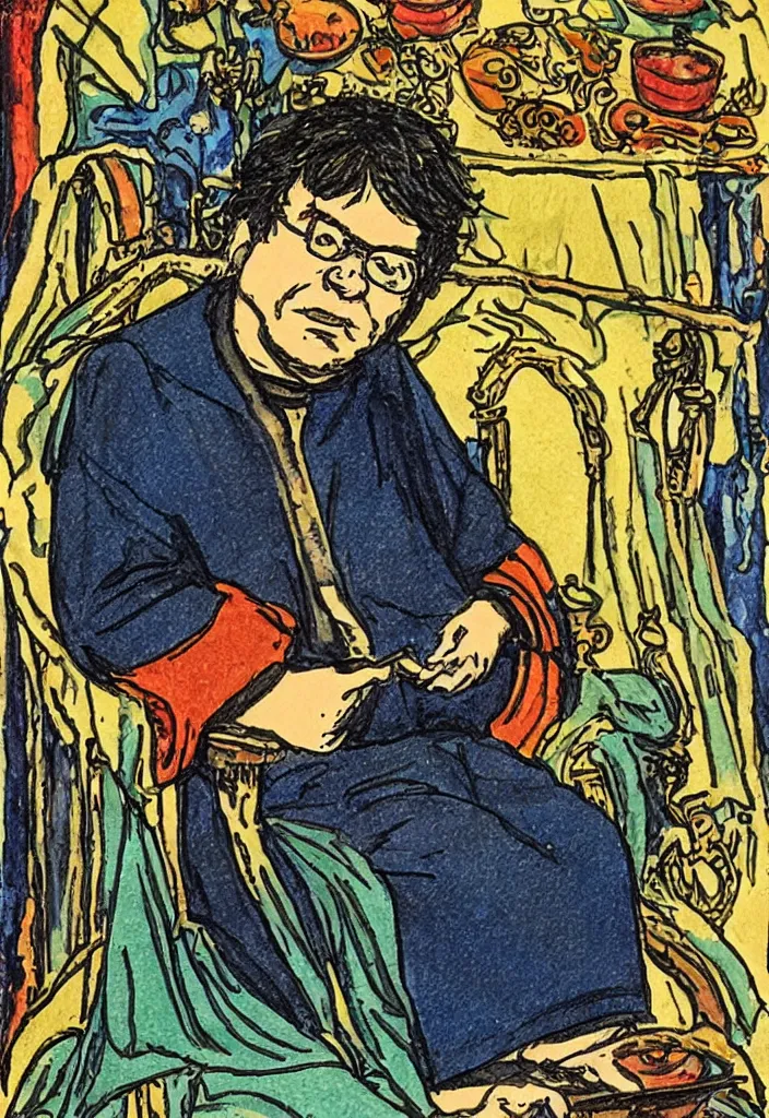 Image similar to Yann LeCun sitting on the throne on a tarot card, illustrated on the Rider–Waite tarot.