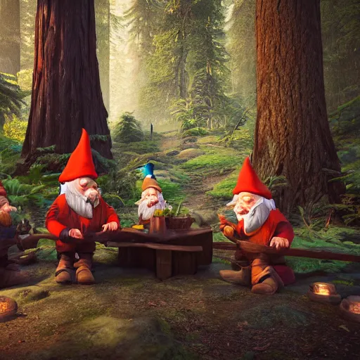 Image similar to a alchemist gnome buffing his gnome allies in a redwood forest, unreal engine, octane render, realistic, matte painting, masterpiece