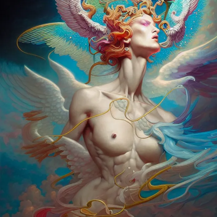 Image similar to hyper detailed painting, hyperrealist painting of an psychedelic angelic celestial being mythical creature by peter mohrbacher, by sam spratt trending on artstation, sacred geometry, esoteric art