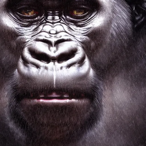 Prompt: a painting of a gorilla, greg rutkowski, leonardo da vinci cinematic lighting, hyper realistic painting