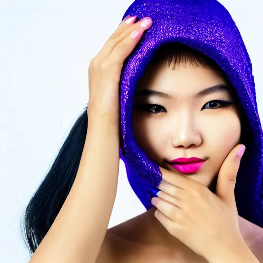 Image similar to close up portrait photography of beautiful asian female model wearing balaclava and golden neckkace, purple and blue futuristic light