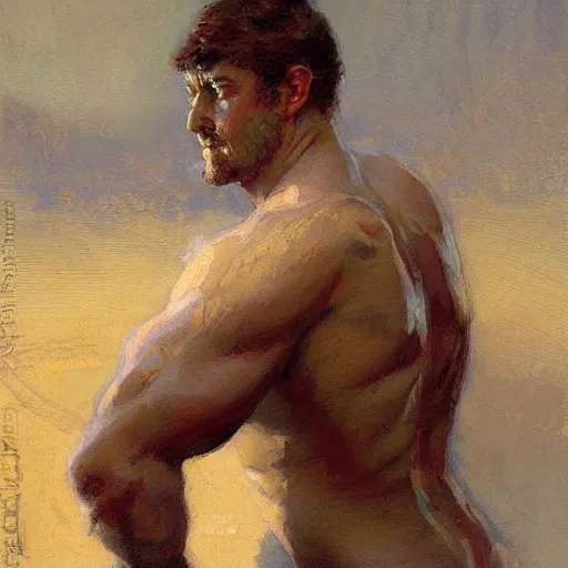 Prompt: a man with an inverted triangle body type, painting by Gaston Bussiere, Craig Mullins