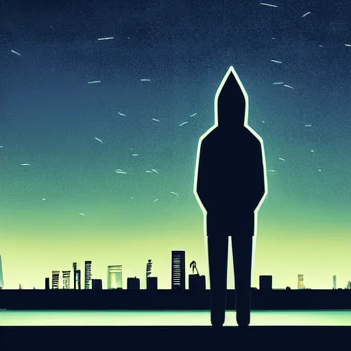 Prompt: silhouette of a hooded character. Looking out over nighttime city scape Photograph in the style of Simon stälenhag