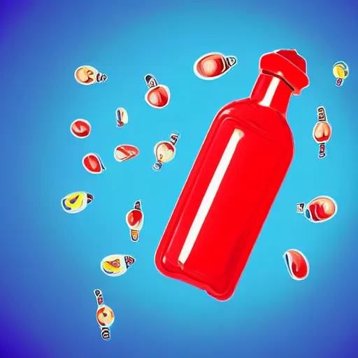 Prompt: ketchup bottle with label with letters on blue background with mars at lower right corner and saturn at upper right corner realistic digital art