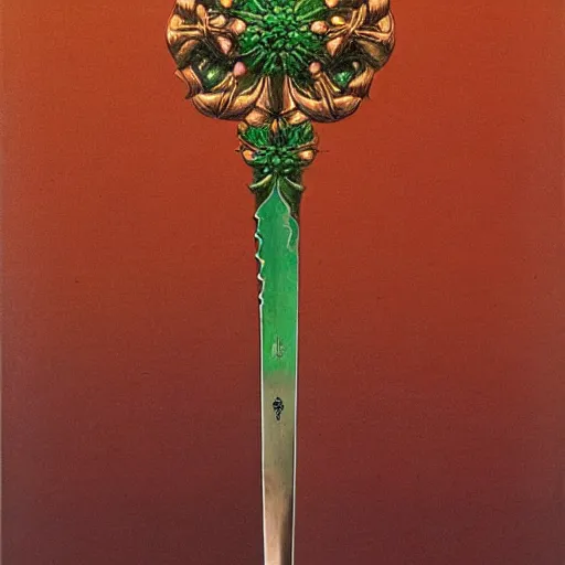 Image similar to a sword in the style of zdzisław beksinski, elegant, flower petals, copper and emerald