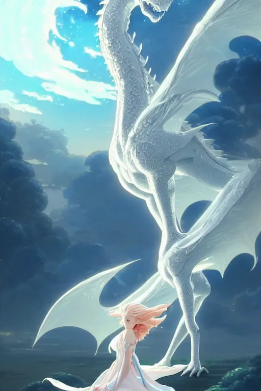 Image similar to beautiful scene render that a princess rely on a huge silver white dragon back, finely detailed angelic face delicate features, in the fairyland surrounded by white clouds, perfectly shaded, atmospheric lighting, style of makoto shinkai and peter mohrbacher, studio ghibli. artgerm, karol bak, beeple, animation style, 4 k hd, hyper detailed